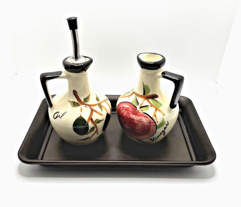 Vintage Ceramic Pottery Oil Vinegar Cruet Bottle Plate Set Hand Painted Nice